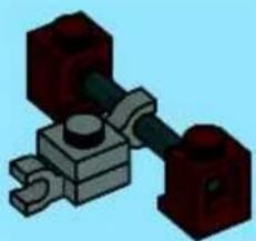 3D mechanical assembly diagram showing two red blocks connected by a central component (no text or symbols)