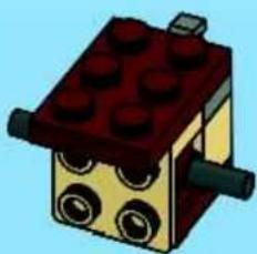 Illustration of a LEGO-style block with four circular wheels and a red top (no text or symbols)