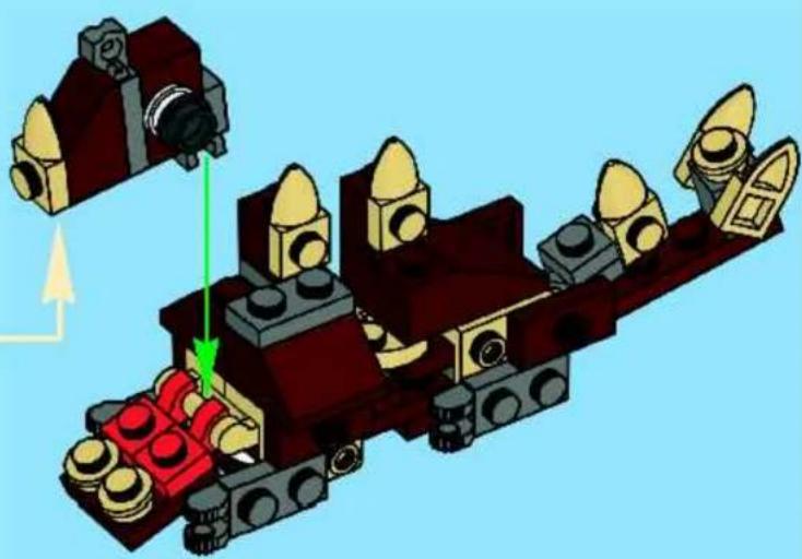 3D diagram of a mechanical assembly with red and yellow components, showing directional arrows (no text or symbols)
