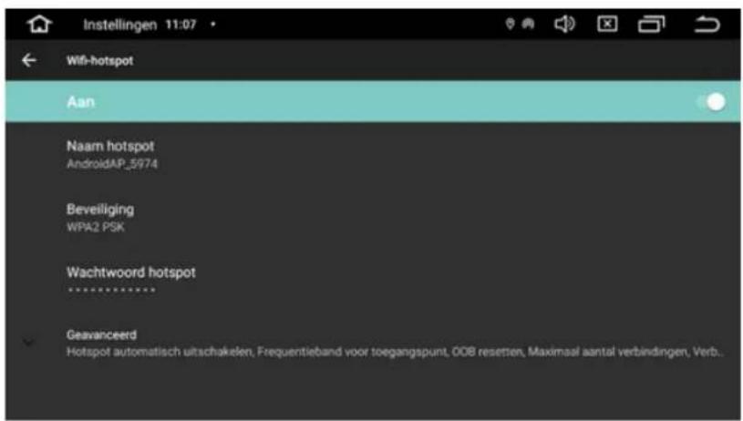 Instellingen 11:07 Wifi-hotspot Aan Naam hotspot AndroidAP_5974 Beveiliging WPA2 PSK Wachtwoord hotspot Geavanceerd Hotspot automatisch uitschakelen, Frequentieband voor toegangspunt, OOB resetten, Maximaal aantal verbindingen, Verb.