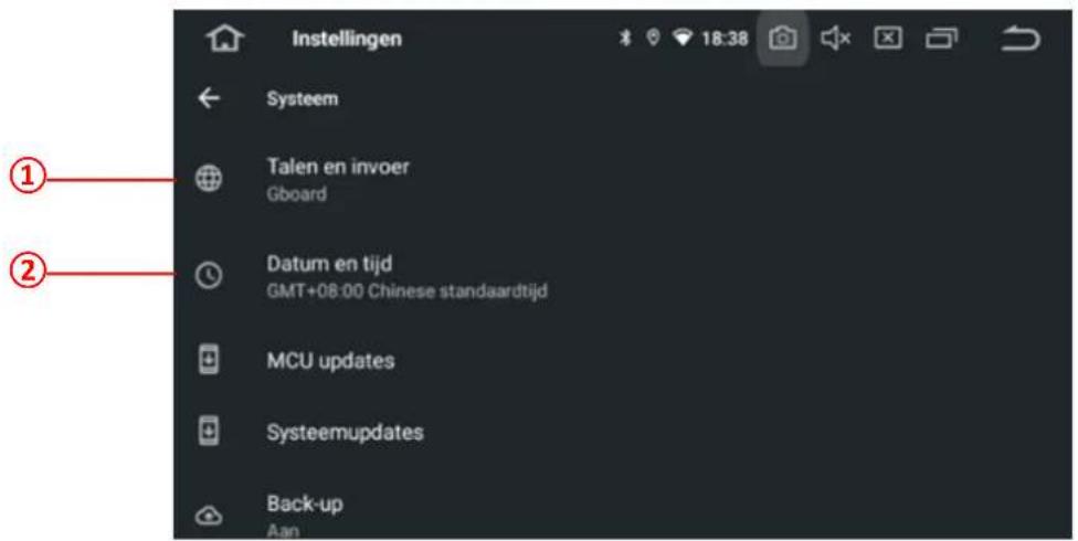 Instellingen Systeem Talen en invoer Gboard Datum en tijd GMT+08:00 Chinese standaardtijd MCU updates Systeemupdates Back-up Aan