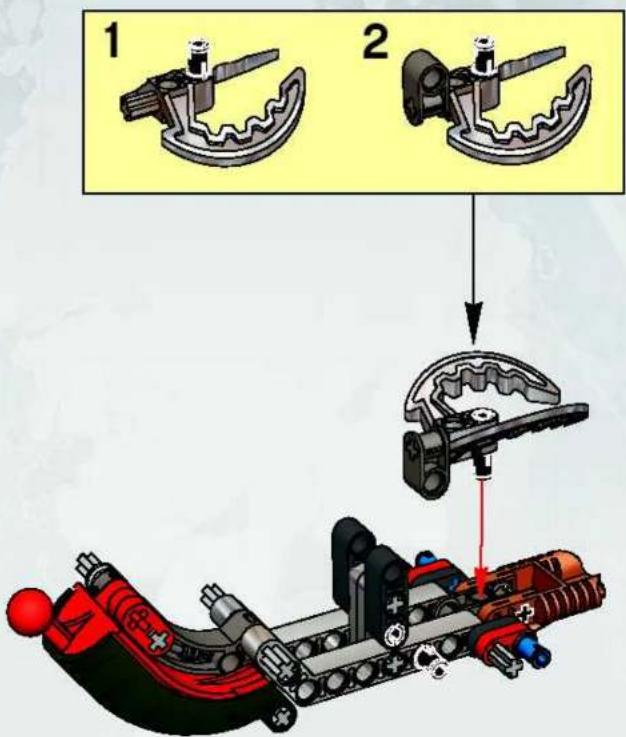 Technisch diagram dat mechanische montagestappen toont met gelabelde componenten en een rode pijl die de richting aangeeft.