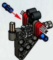 Mechanisch assemblage-diagram met een klepmechanisme met rode en blauwe componenten (geen tekst of labels)
