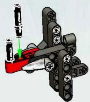 3D-mechanisch assemblagediagram met een rood onderdeel dat in een zwarte behuizing met boutgaten wordt gestoken (geen tekst of symbolen zichtbaar)