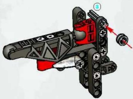 3D-mechanisch assemblage-diagram met een rood en zwart onderdeel met richtingspijlen die beweging of kracht aangeven (geen tekst of symbolen)
