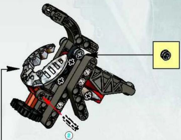 Mechanisch assemblage-diagram met een robotapparaat met rode en zwarte onderdelen, geen zichtbare tekst of symbolen