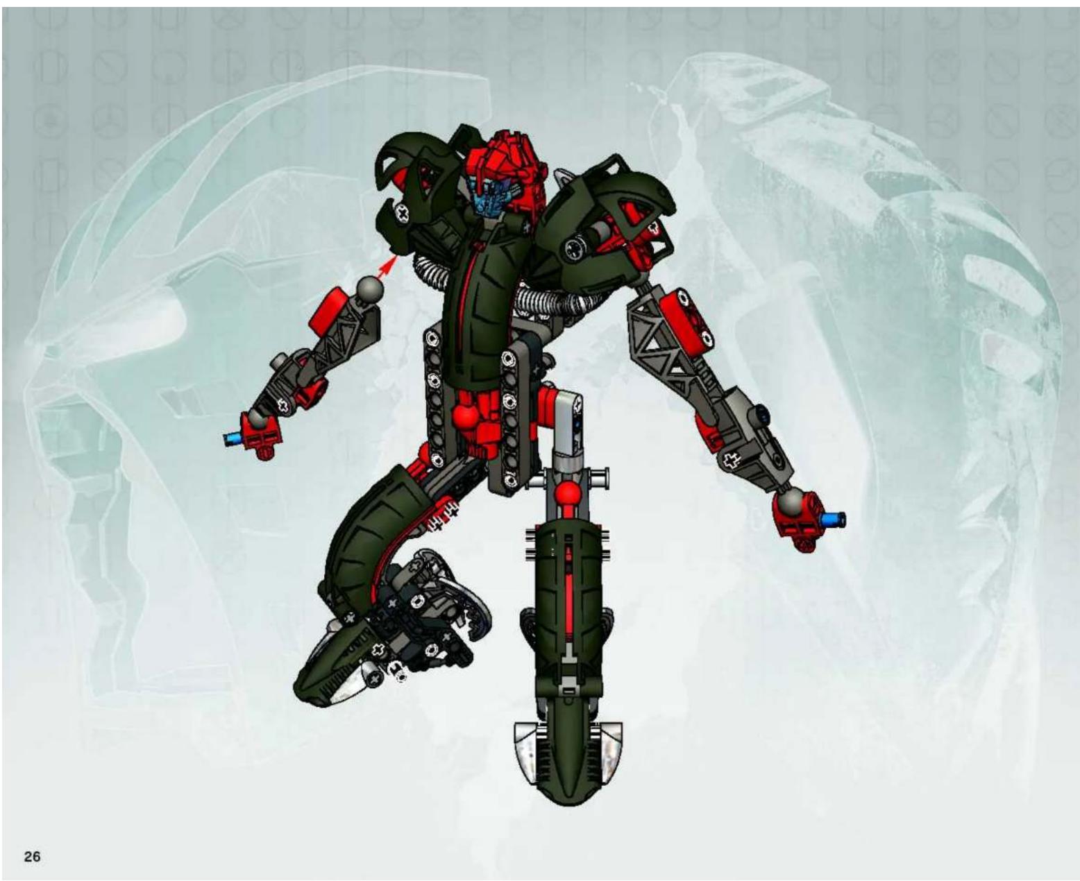 Illustratie van een futuristisch robotfiguur in groene en rode gevechtsuitrusting, zwevend op een witte achtergrond met abstracte geometrische patronen (geen tekst of symbolen)
