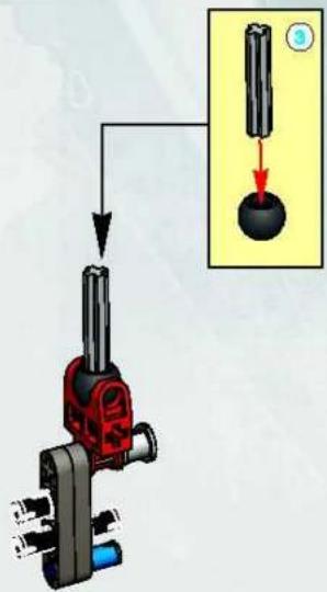 Diagram van een mechanische assemblage met een gemarkeerd onderdeel en een inzet met een cilindrische staaf en een rode pijl die de richting aangeeft.
