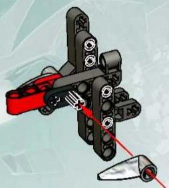 Mechanisch assemblagediagram met een rood en zwart onderdeel en een rode laserstraal die op een kogel inwerkt (geen tekst of symbolen aanwezig)