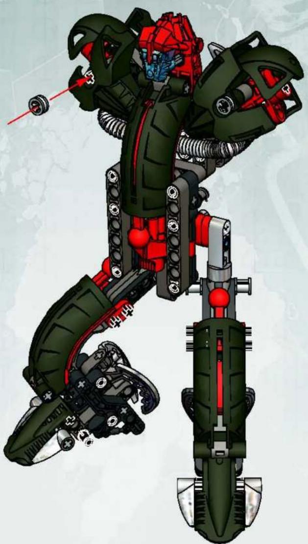 Illustratie van een futuristische gepantserde robot met groen lichaam, rood hoofd en mechanische onderdelen (geen tekst of symbolen)