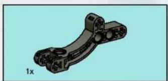 3D mechanisch component met gebogen en geflensde delen, gelabeld '1x' (zonder tekst of symbolen op het object zelf).