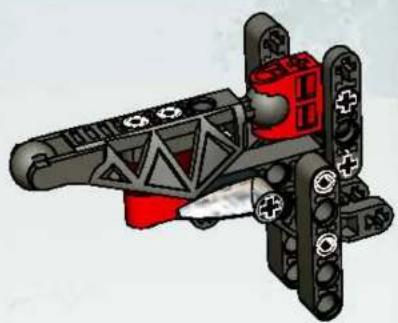 3D-mechanisch assemblage-diagram met een rood en zwart onderdeel met montagegaten en structurele elementen (geen tekst of symbolen)