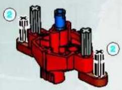 3D-mechanisch assemblagediagram met een rood onderdeel met blauwe interne structuur en twee gelabelde delen (geen tekst of symbolen aanwezig)