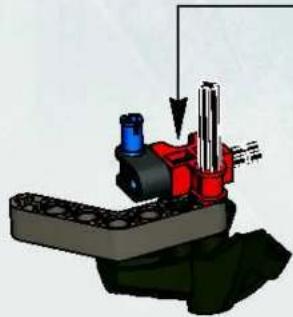 Mechanisch assemblagediagram met een rood en blauw onderdeel en een neerwaartse pijl die beweging aangeeft (geen tekst of symbolen)
