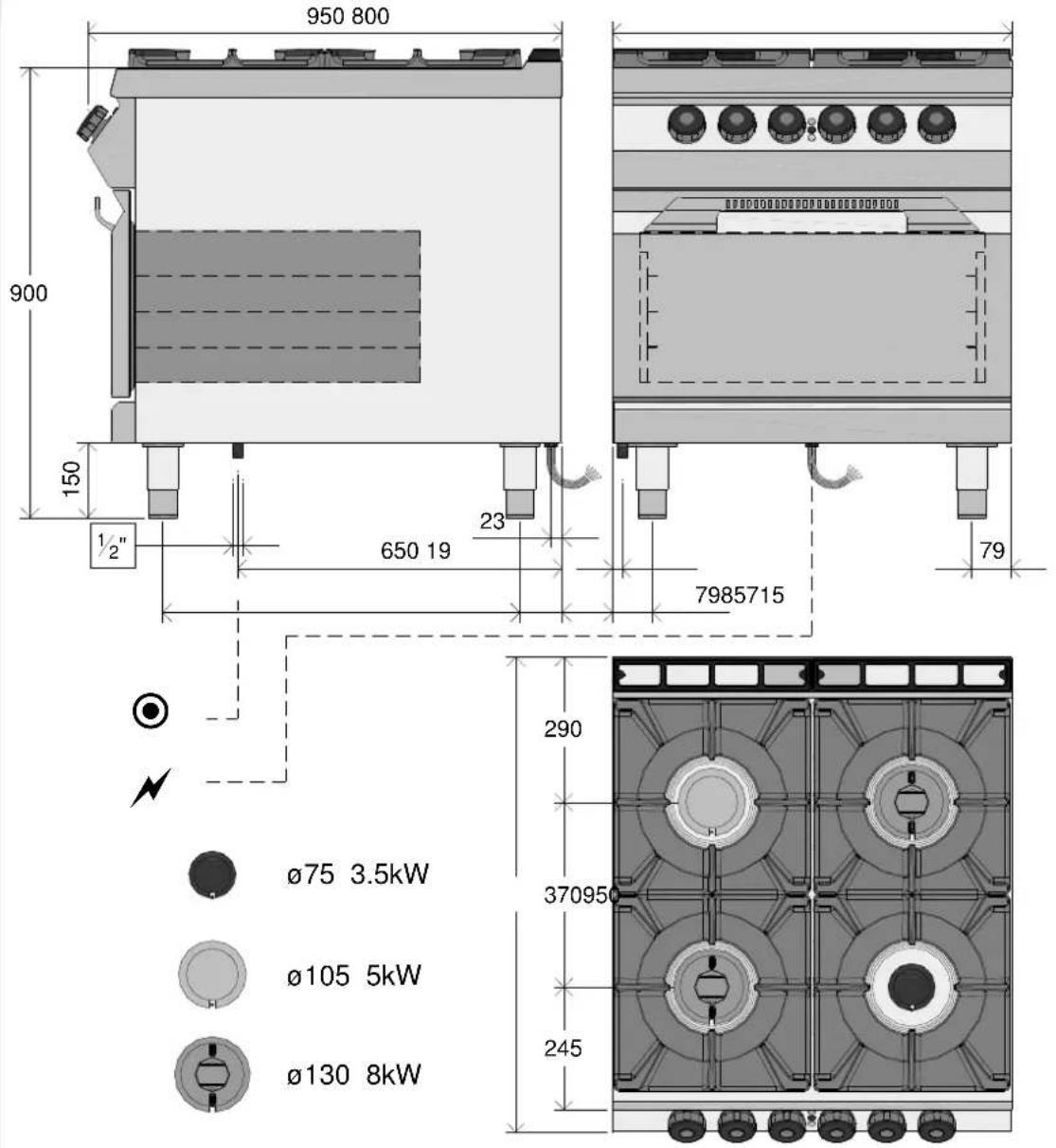 950 800 900 150 ½" 650 19 23 7985715 79 290 Ø75 3.5kW Ø105 5kW Ø130 8kW 370950 245