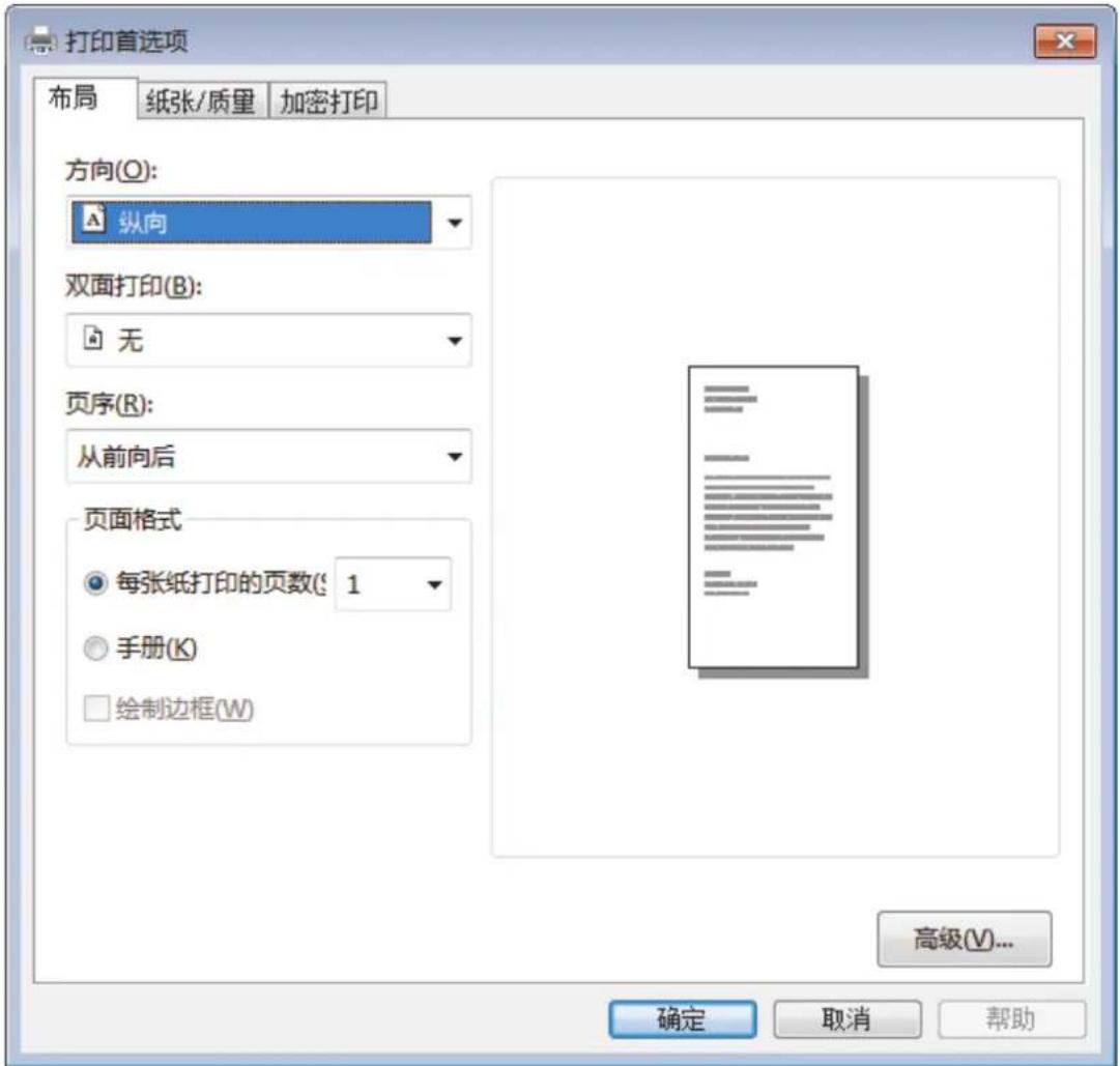 打印首选项 布局 纸张/质量 加密打印 方向(O): 纵向 双面打印(B): 无 页序(R): 从前向后 页面格式 每张纸打印的页数(1) 手册(K) 绘制边框(W) 高级(V)... 确定 取消 帮助