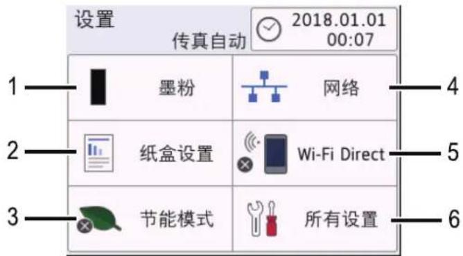 设置 2018.01.01 传真自动 00:07 1 墨粉 网络 2 纸盒设置 Wi-Fi Direct 3 节能模式 所有设置 4 5 6