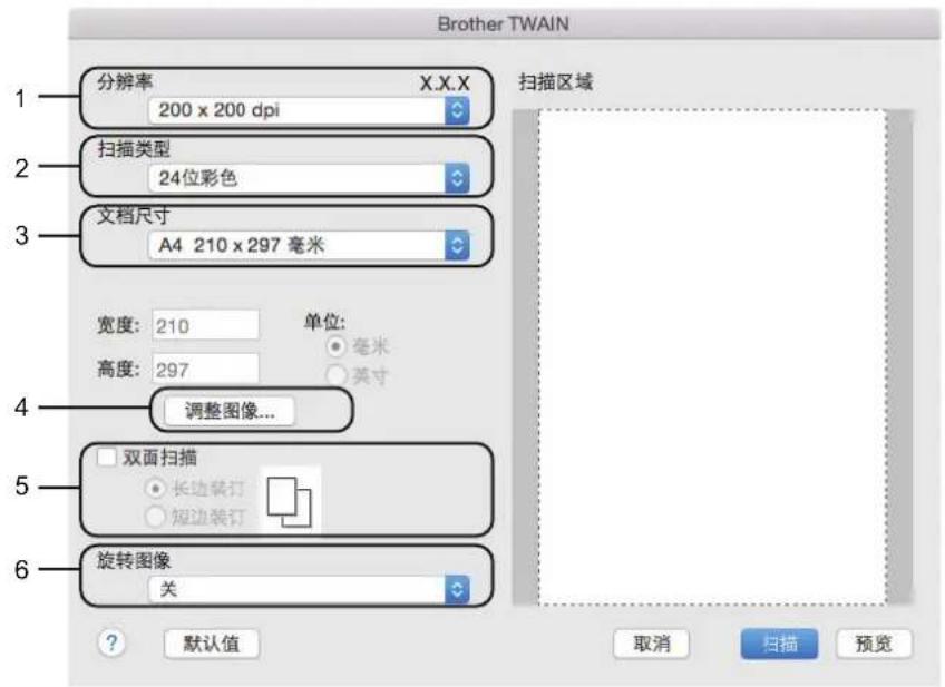 Brother TWAIN 1 分辨率 X.X.X 200 x 200 dpi 2 扫描类型 24位彩色 3 文档尺寸 A4 210 x 297 毫米 宽度: 210 单位: 毫米 高度: 297 英寸 4 调整图像... 5 双面扫描 长边装订 短边装订 6 旋转图像 关 ? 默认值 取消 扫描 预览 扫描区域