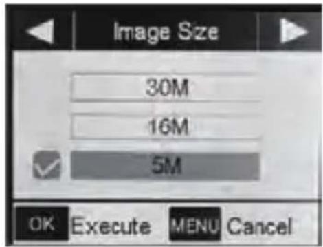 Image Size 30M 16M 5M OK Execute MENU Cancel
