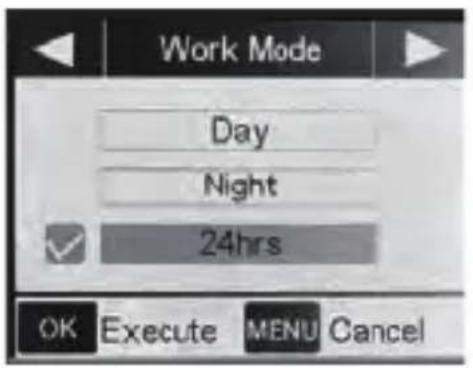 Work Mode Day Night 24hrs OK Execute MENU Cancel