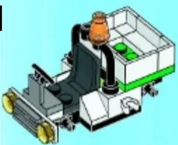 3D mechanical assembly diagram showing a robotic arm with orange and green components (no text or symbols)