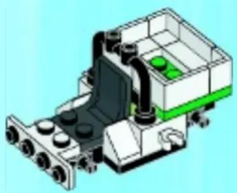3D mechanical assembly diagram showing a vehicle with levers and a green component (no text or symbols)