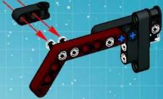 Mechanical linkage assembly diagram with red and black components and directional arrows (no text or symbols)