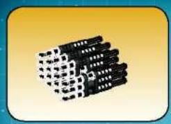 Stacked 3D blocks of black plastic components on a yellow gradient background (no text or symbols)