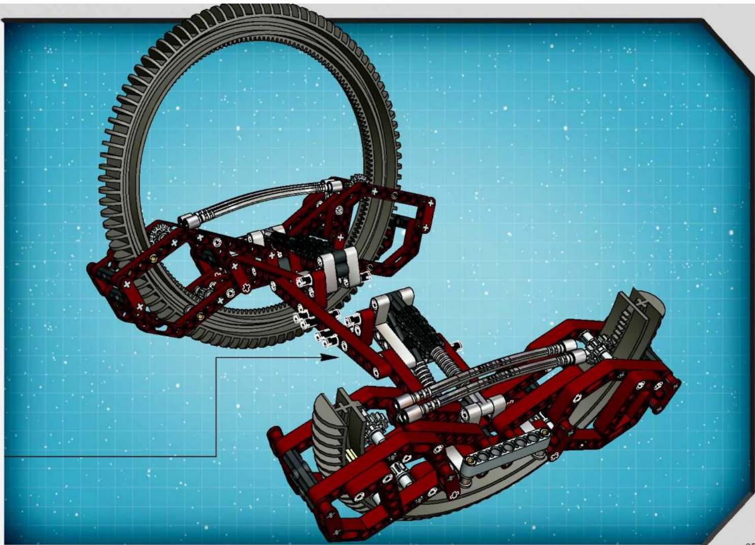 3D mechanical assembly diagram showing a red robotic arm with gear and shafts against a blue starry background (no text or symbols)