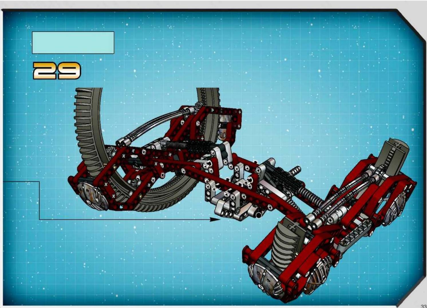 3D mechanical assembly diagram showing a robotic arm with red and gray components, no text or symbols present