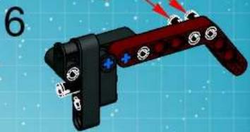Mechanical assembly diagram showing a red articulated arm with blue and white components, no text or symbols present