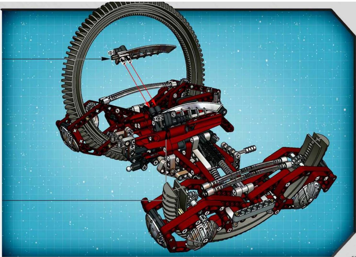 3D mechanical assembly diagram showing a red robotic arm with gears and linkages, no visible text or symbols