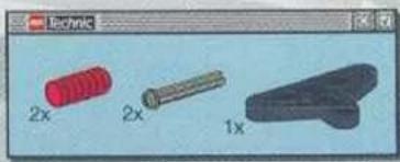 Three 3D-rendered mechanical parts labeled 2x, 2x, and 1x, shown in red, gray, and black respectively (no text or symbols on parts)