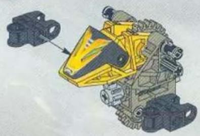 Illustration of a yellow robotic device with mechanical components and a blue arrow indicating assembly (no text or symbols present)