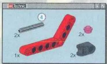 3D model of a red L-shaped mechanical part with multiple holes, shown with a pin and two additional parts (no text or symbols)