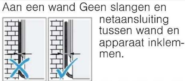 Aan een wand Geen slangen en netaansluiting tussen wand en apparaat inklem- men.