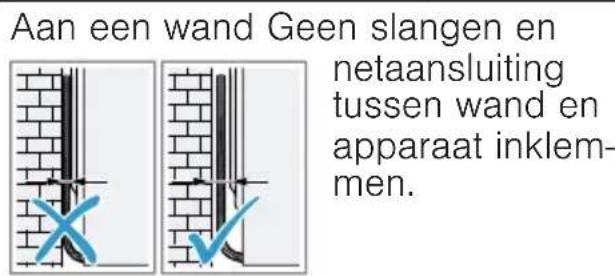 Aan een wand Geen slangen en netaansluiting tussen wand en apparaat inklem- men.