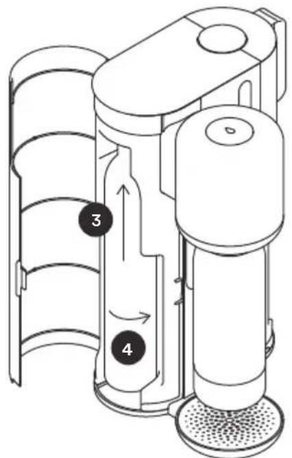 Technical diagram of a portable air purifier with labeled components and directional arrows