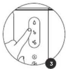 Diagram showing a hand interacting with a device with droplets and symbols, labeled with number 3 in a circle.
