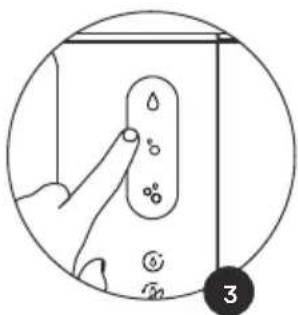 Diagram showing a hand pressing down a device with droplets and bubbles, labeled with number 3 in a circle.