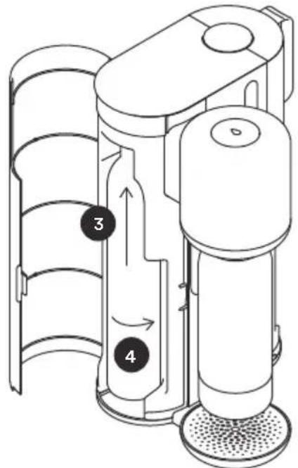 Technical diagram of a mechanical device with numbered components and directional arrows indicating flow or movement.