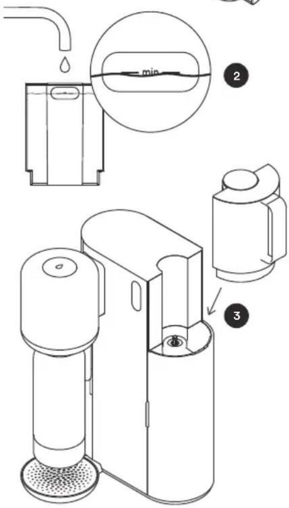 Technical diagram of a water purifier with labeled components and water flow indicators