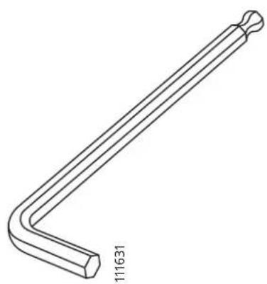 Lijntekening van een gebogen gereedschap of veer met een gelabeld uiteinde (111631), geen andere tekst of symbolen aanwezig.