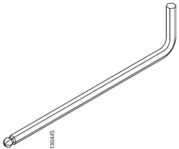 Lijntekening van een gebogen pijp of staaf met een zeshoekig uiteinde, gelabeld '130445' aan de basis (geen andere tekst of symbolen)