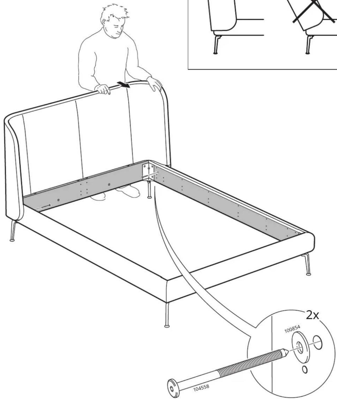 Technisch diagram dat een persoon toont die een bed monteert met een 2x verhouding van 104558 en een 2x verhouding van 100854, naast een ingevoegde afbeelding van een stoelmontage.