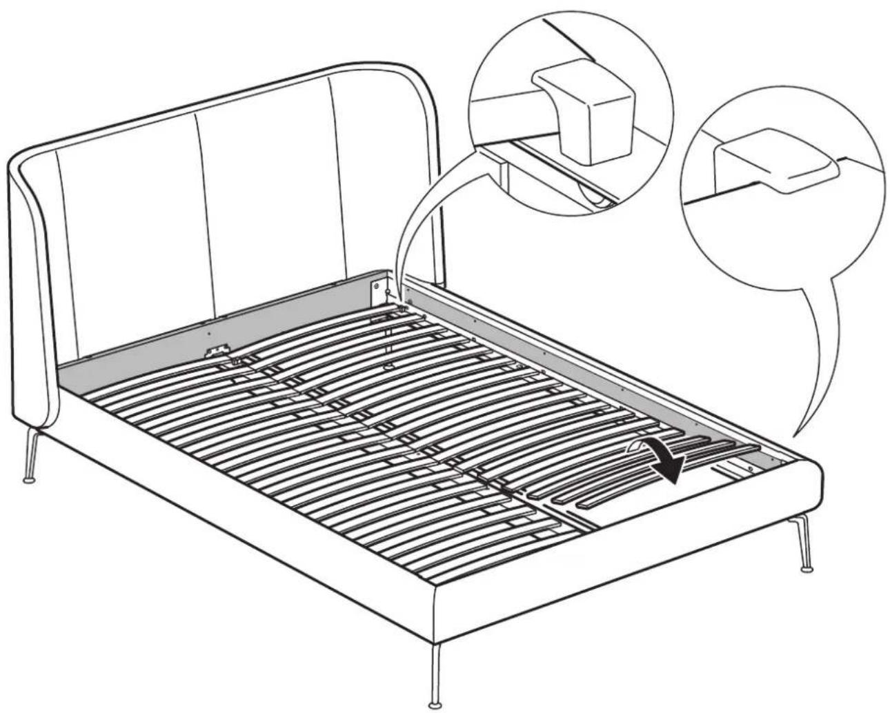 Lijntekening van een bed met gelamelleerd metalen frame en interne compartimenten, met weergave van structurele details en het inbrengen van onderdelen (geen tekst of symbolen)