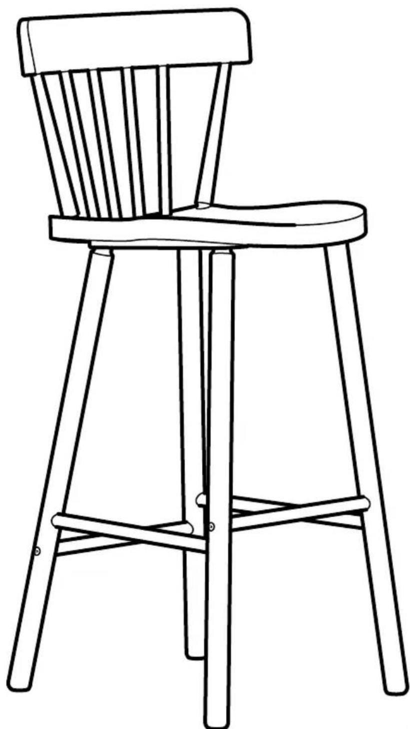 Line drawing of a wooden stool with ribbed seat and backrest (no text or symbols)