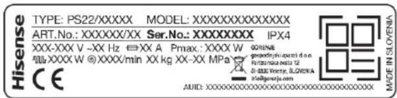 TYPE: PS22/XXXXX MODEL: XXXXXXXXXXXXXXX ART.No.: XXXXXX/XX Ser.No.: XXXXXXX IPX4 XXX-XXX V -XX Hz □XX A Pmax.: XXXX W QORENE WWW.XXXXW ©XXXX/min XX kg XX-XX MPa CE AUD: 0000000000000000000000000000000000000000000000000000000000000000000000000000000000000000000000000000 MADE IN SLOVENIA