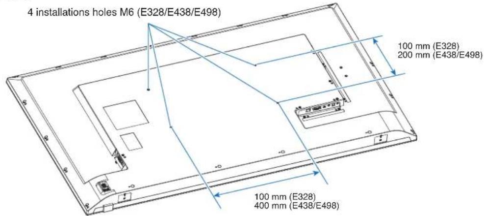 4 installations holes M6 (E328/E438/E498) 100 mm (E328) 200 mm (E438/E498) 100 mm (E328) 400 mm (E438/E498)