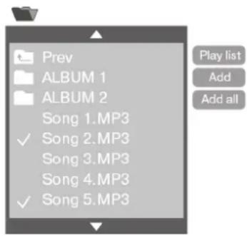 Prev ALBUM 1 ALBUM 2 Song 1.MP3 ✓ Song 2.MP3 Song 3.MP3 Song 4.MP3 ✓ Song 5.MP3 Play list Add Add all